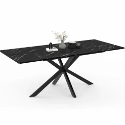 Table à manger rectangulaire extensible métal et effet marbre noir 160-200 cm