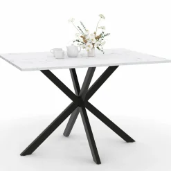 Table à manger rectangulaire effet marbre blanc pied araignée métal noir