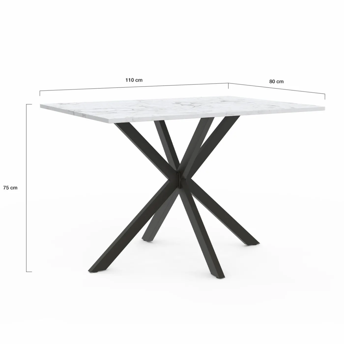 Table à manger rectangulaire effet marbre blanc pied araignée métal noir