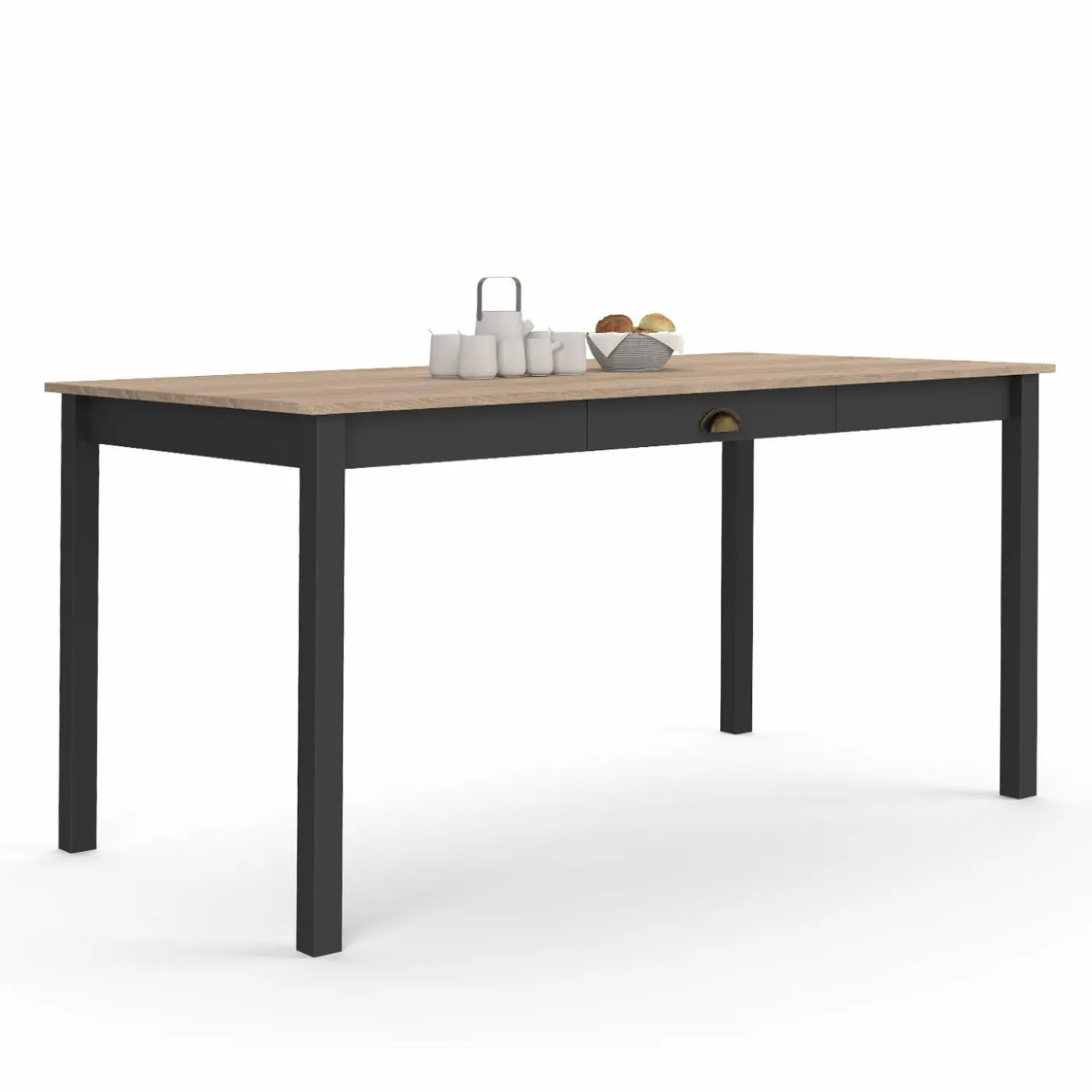 Table à manger rectangulaire bois et noir avec tiroir