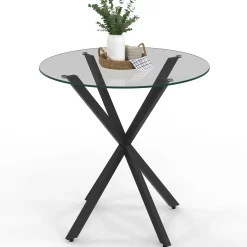 Table à manger ronde 80 cm 4 personnes pied araignée noir et plateau verre