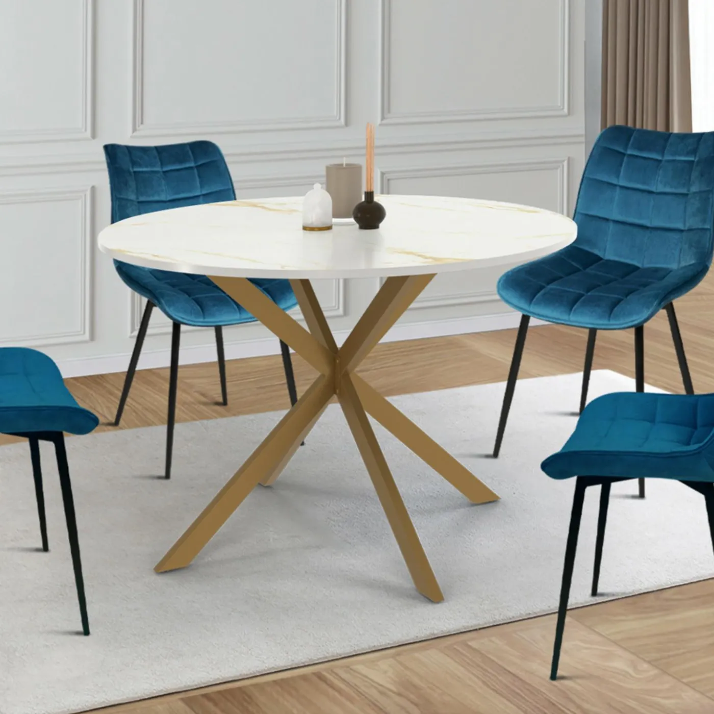 Table à manger ronde 110 cm 6 personnes avec plateau effet marbre doré et pied araignée en laiton