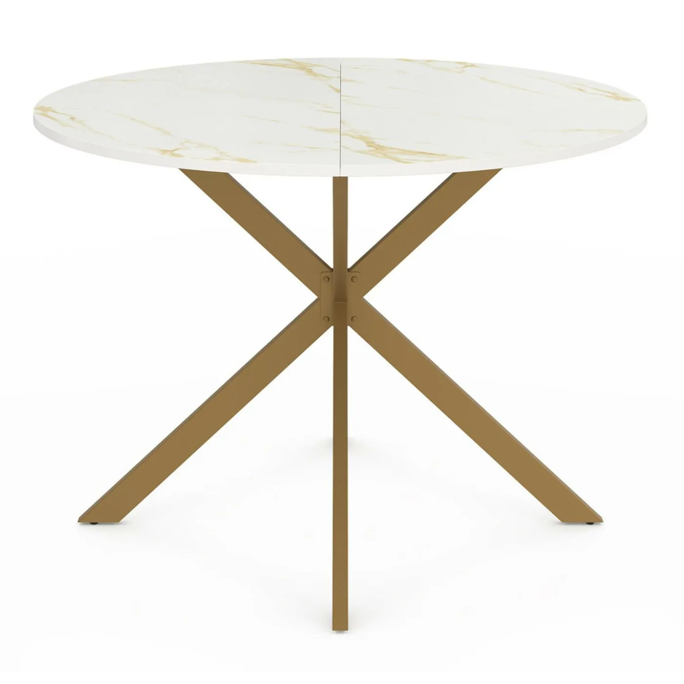Table à manger ronde 110 cm 6 personnes avec plateau effet marbre doré et pied araignée en laiton