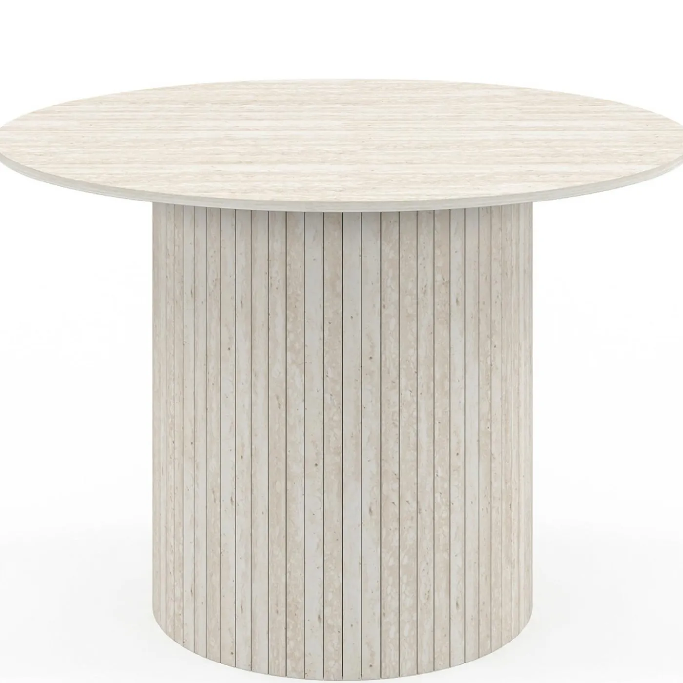 Table à manger ronde 6 personnes pied central effet lattes façon travertin 110 cm