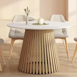 Table à manger ronde 6 personnes 110 cm plateau bois blanc et pied bois en lattes