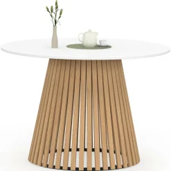 Table à manger ronde 6 personnes 110 cm plateau bois blanc et pied bois en lattes