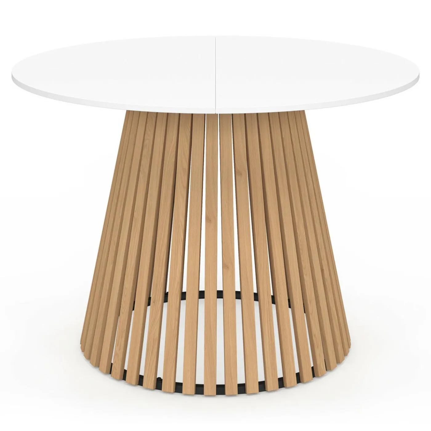 Table à manger ronde 6 personnes 110 cm plateau bois blanc et pied bois en lattes