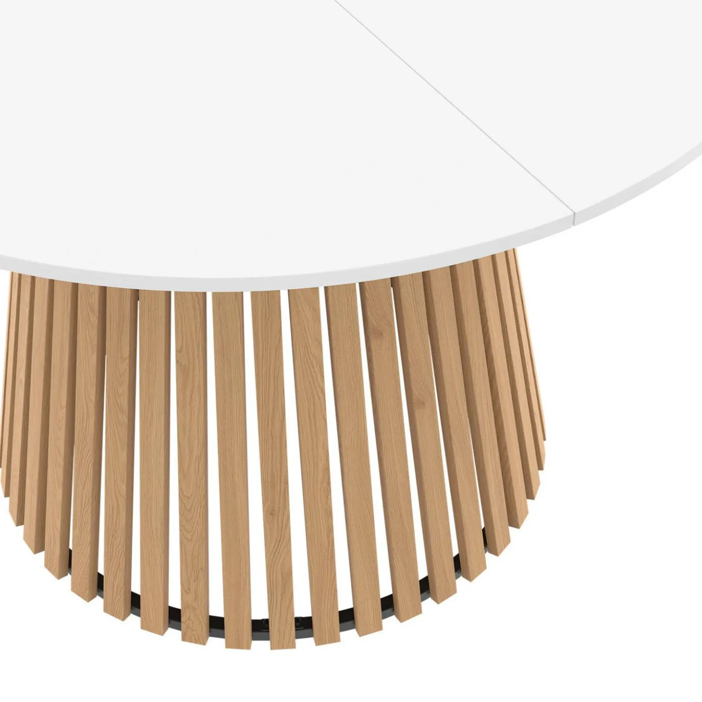 Table à manger ronde 6 personnes 110 cm plateau bois blanc et pied bois en lattes