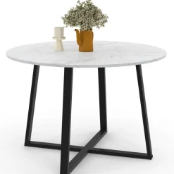 Table à manger ronde 4-6 personnes 110 cm effet marbre blanc et noir