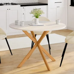 Table à manger ronde 6 personnes 110 cm bois et blanc