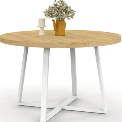 Table à manger ronde 4-6 personnes bois et blanc 110-150 cm