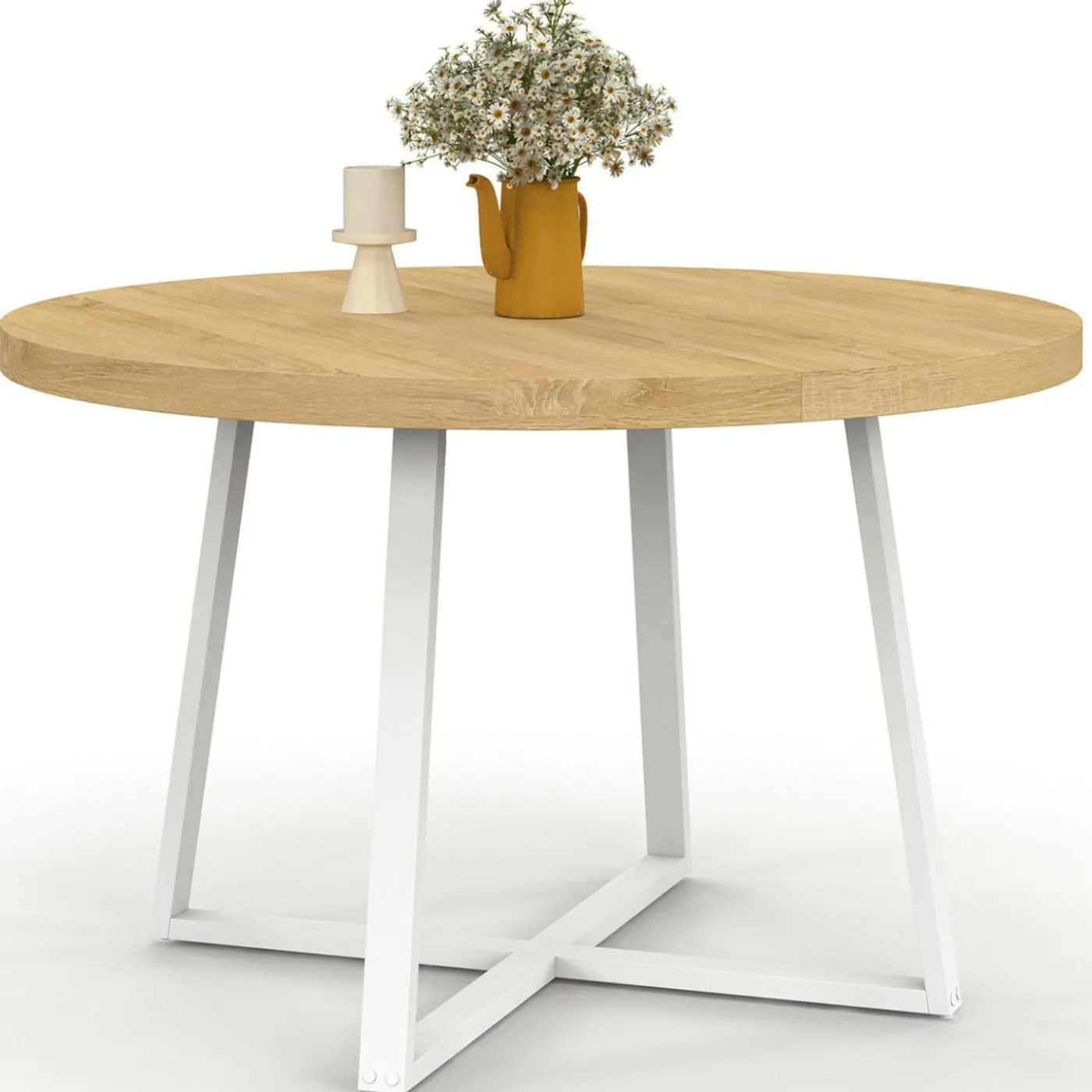 Table à manger ronde 4-6 personnes bois et blanc 110-150 cm