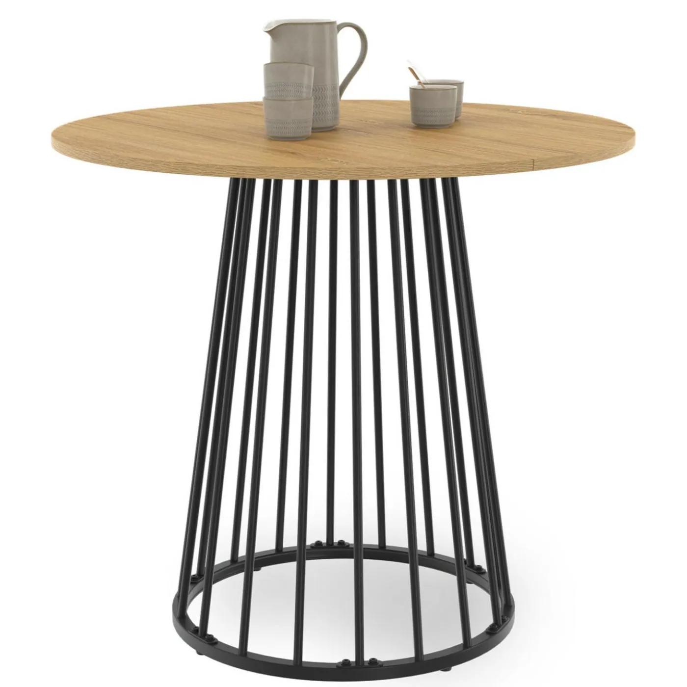 Table à manger ronde 4 personnes plateau bois et pied en métal noir 80 cm