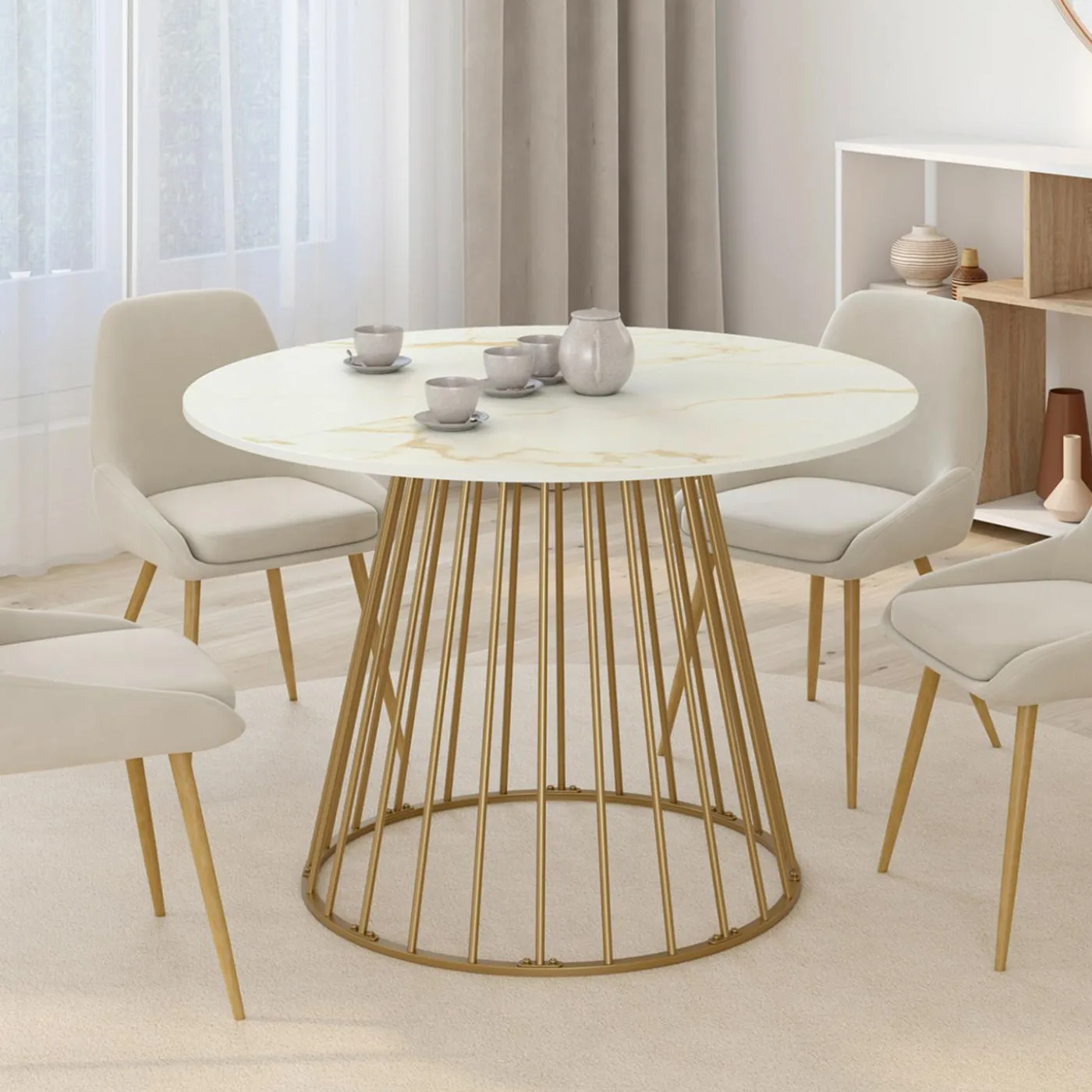 Table à manger ronde 6 personnes pied filaire laiton et plateau effet marbre blanc 110 cm