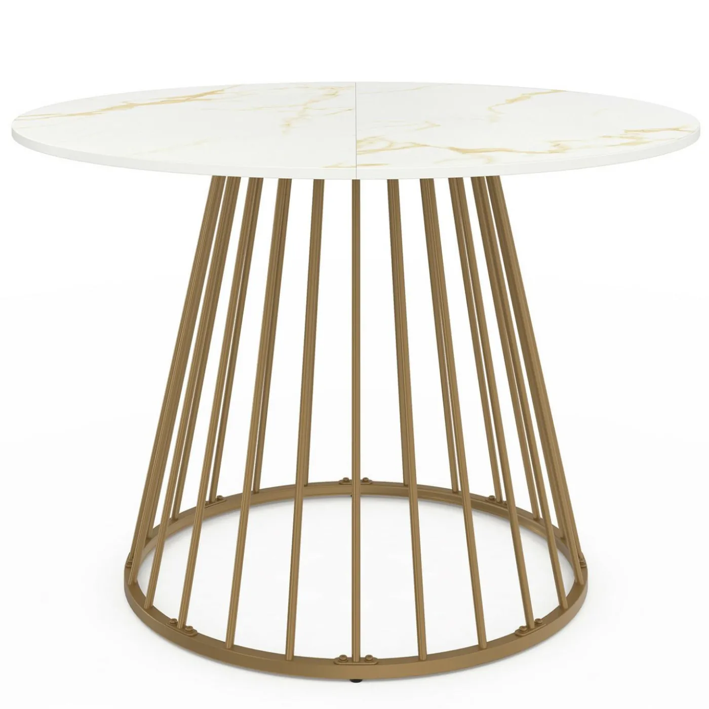 Table à manger ronde 6 personnes pied filaire laiton et plateau effet marbre blanc 110 cm
