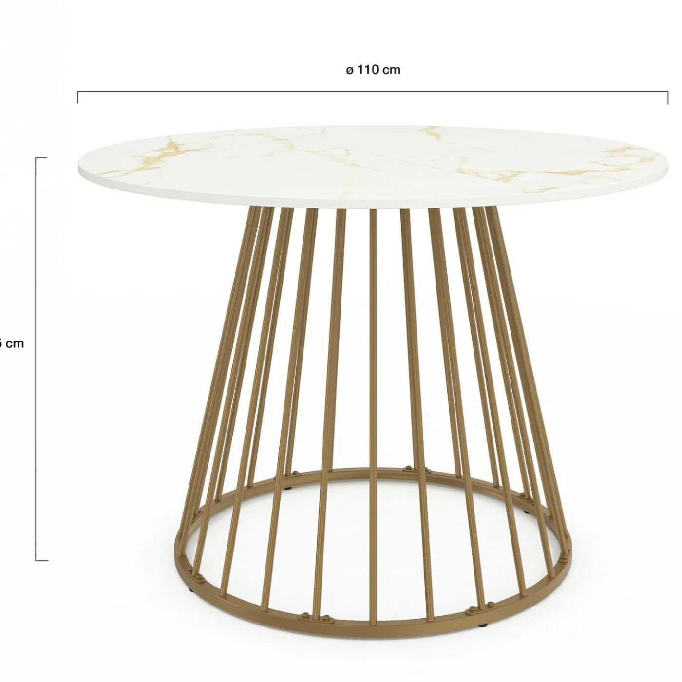 Table à manger ronde 6 personnes pied filaire laiton et plateau effet marbre blanc 110 cm
