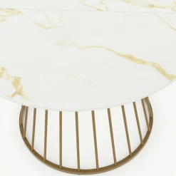 Table à manger ronde 6 personnes pied filaire laiton et plateau effet marbre blanc 110 cm