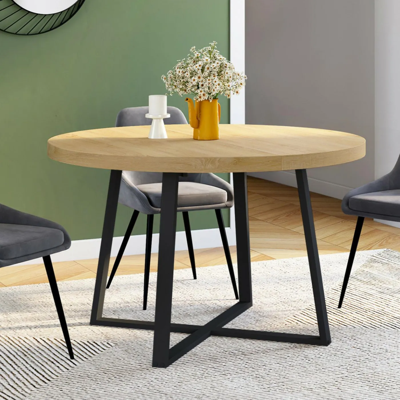 Table à manger ronde bois et noir 4-8 personnes