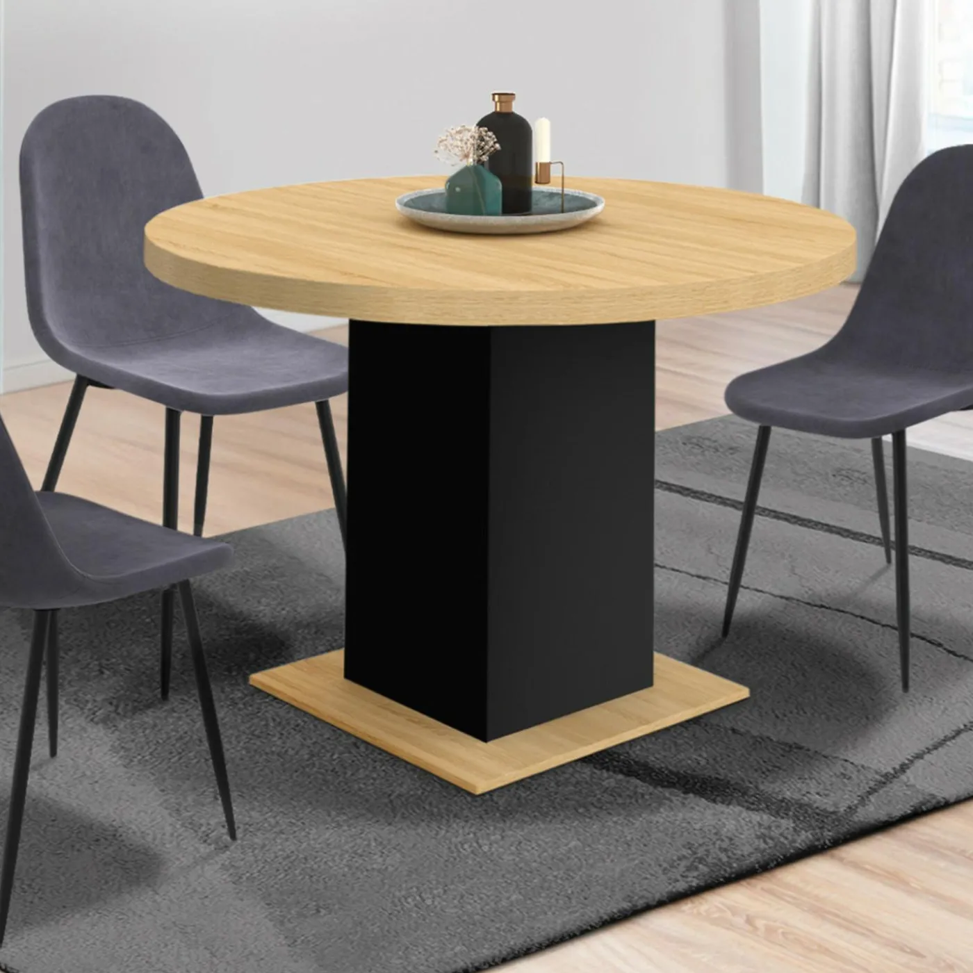 Table à manger ronde bois et noir 6 personnes