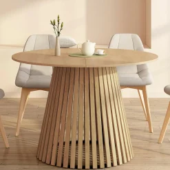 Table à manger ronde en bois 6 personnes pied en lattes plateau bois