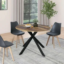 Table à manger ronde extensible bois foncé et noir 110-150 cm 4-8 personnes pied araignée