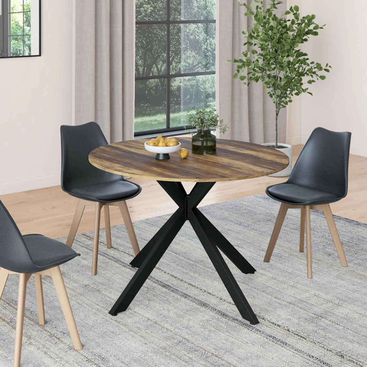 Table à manger ronde extensible bois foncé et noir 110-150 cm 4-8 personnes pied araignée