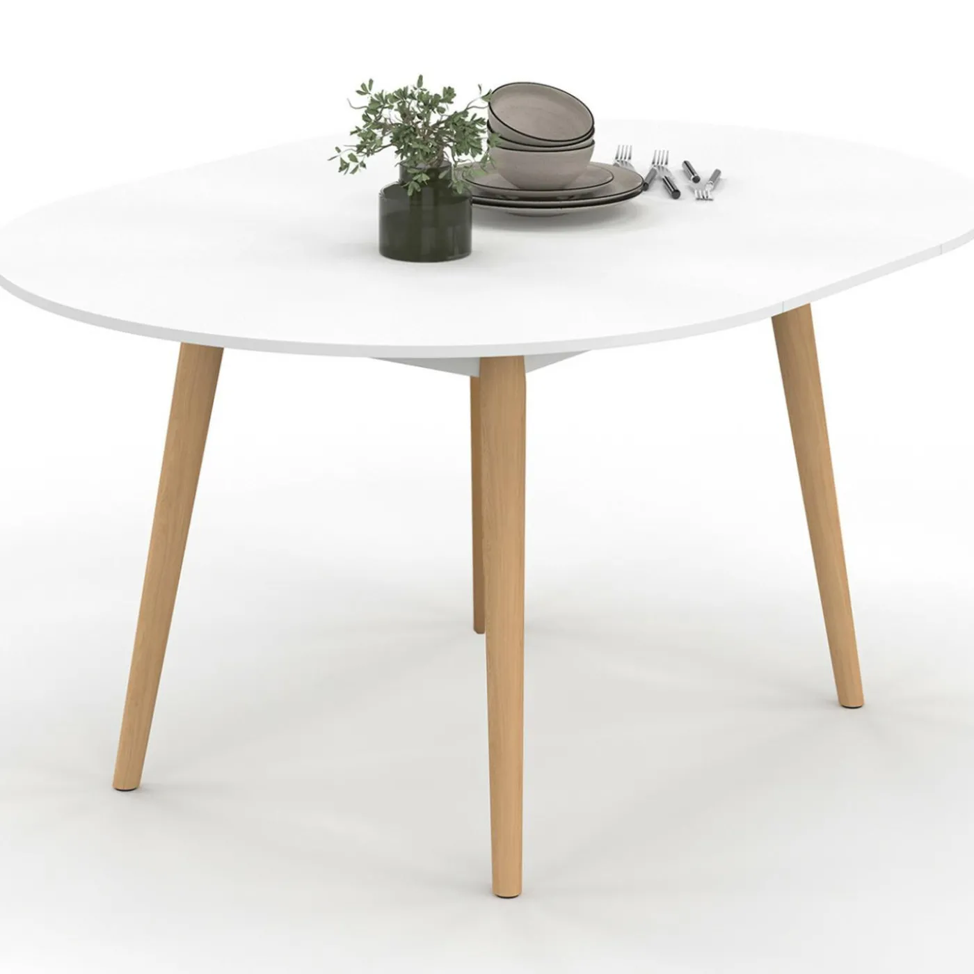 Table à manger ronde extensible 4-8 personnes blanc pied bois 110-150 cm