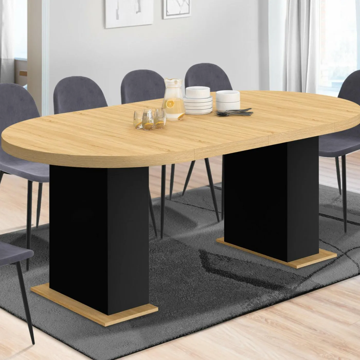 Table à manger ronde extensible 110-200 cm 4-10 personnes bois et noir style moderne
