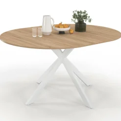 Table à manger ronde extensible bois et blanc 110-150 cm 4-8 personnes pied araignée