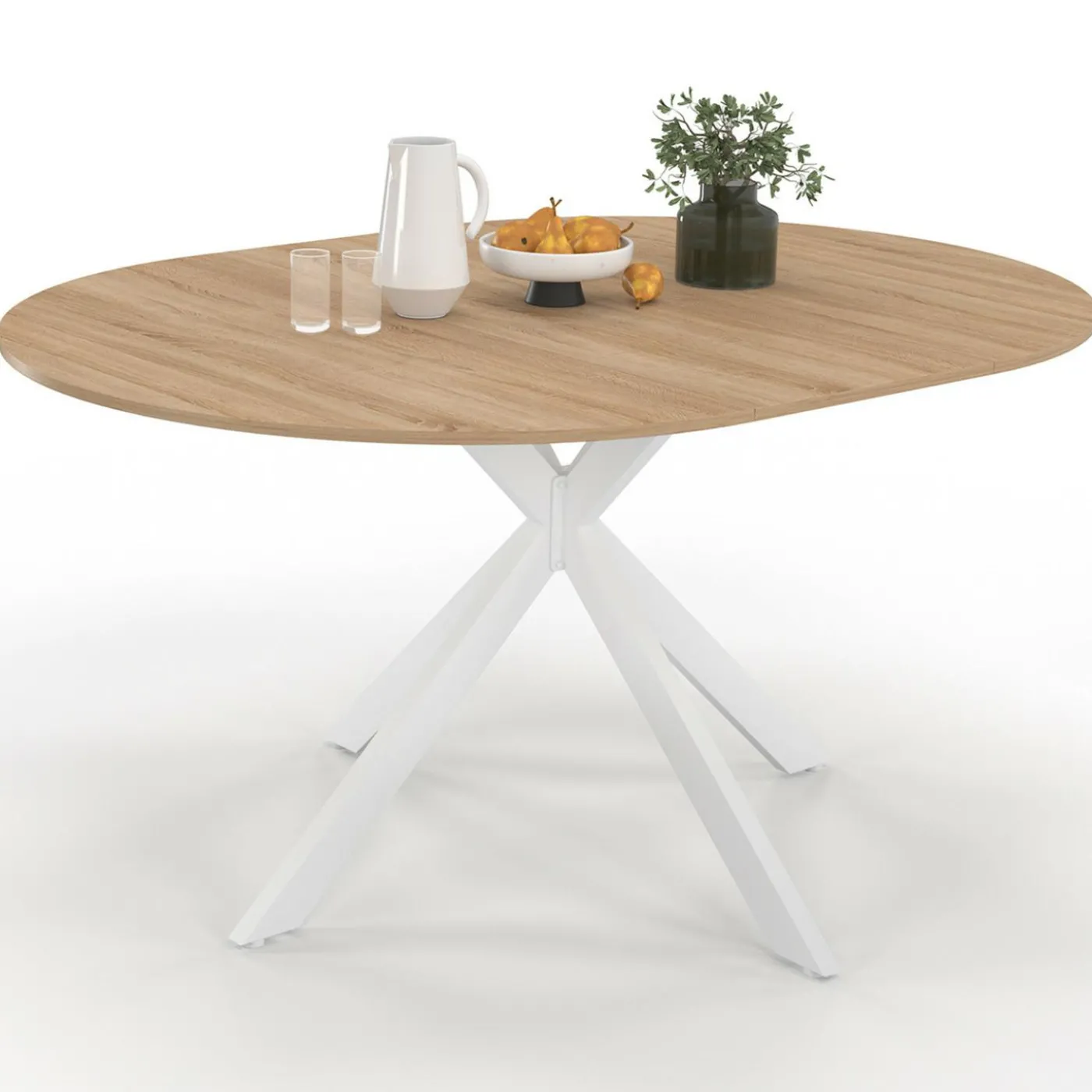 Table à manger ronde extensible bois et blanc 110-150 cm 4-8 personnes pied araignée