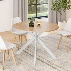 Table à manger ronde extensible 110-200 cm 4-10 personnes bois et blanc pied araignée
