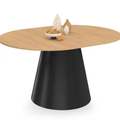 Table à manger ronde extensible 4-8 personnes bois effet hêtre et pied noir 110-150 cm