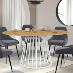 Table à manger ronde extensible 110-150 cm 4-8 personnes plateau bois et pied filaire métal blanc