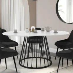 Table à manger ronde extensible 110-150 cm 4-8 personnes plateau effet marbre blanc et pied filaire métal noir