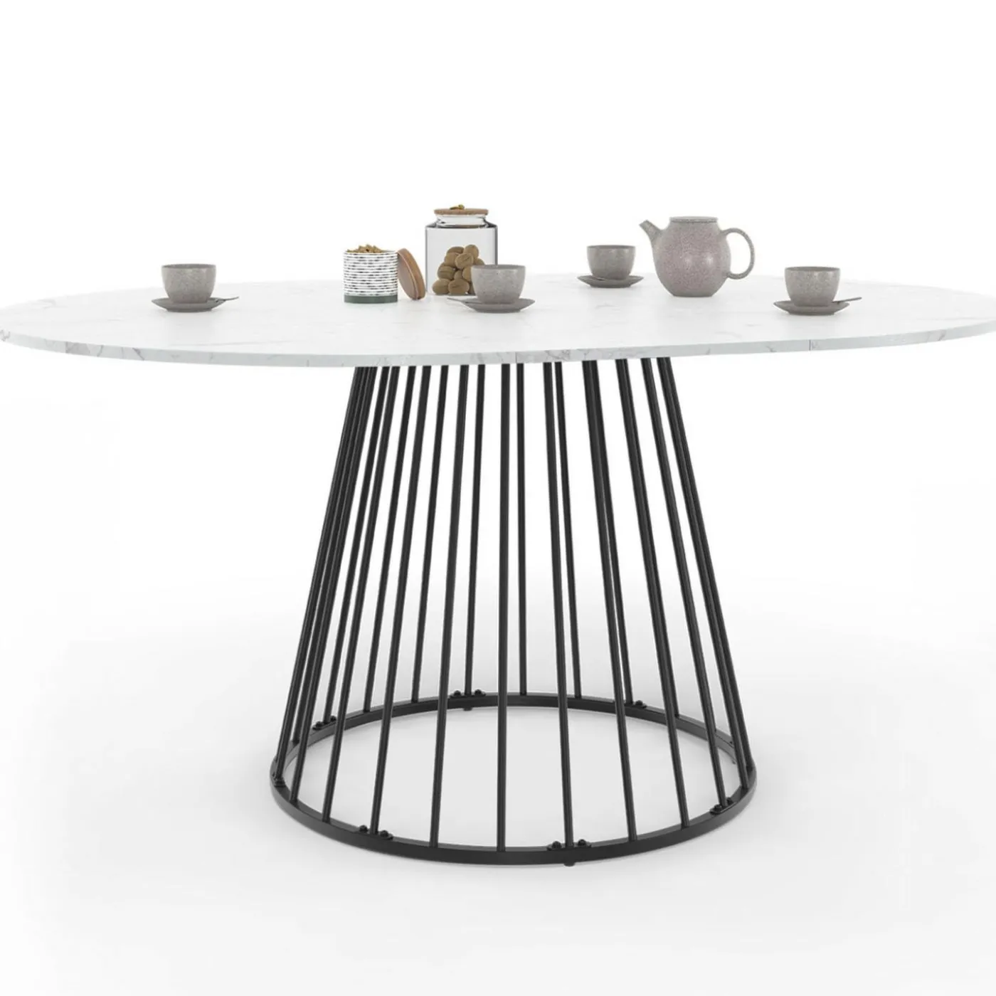 Table à manger ronde extensible 110-150 cm 4-8 personnes plateau effet marbre blanc et pied filaire métal noir