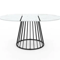 Table à manger ronde extensible 110-150 cm 4-8 personnes plateau effet marbre blanc et pied filaire métal noir