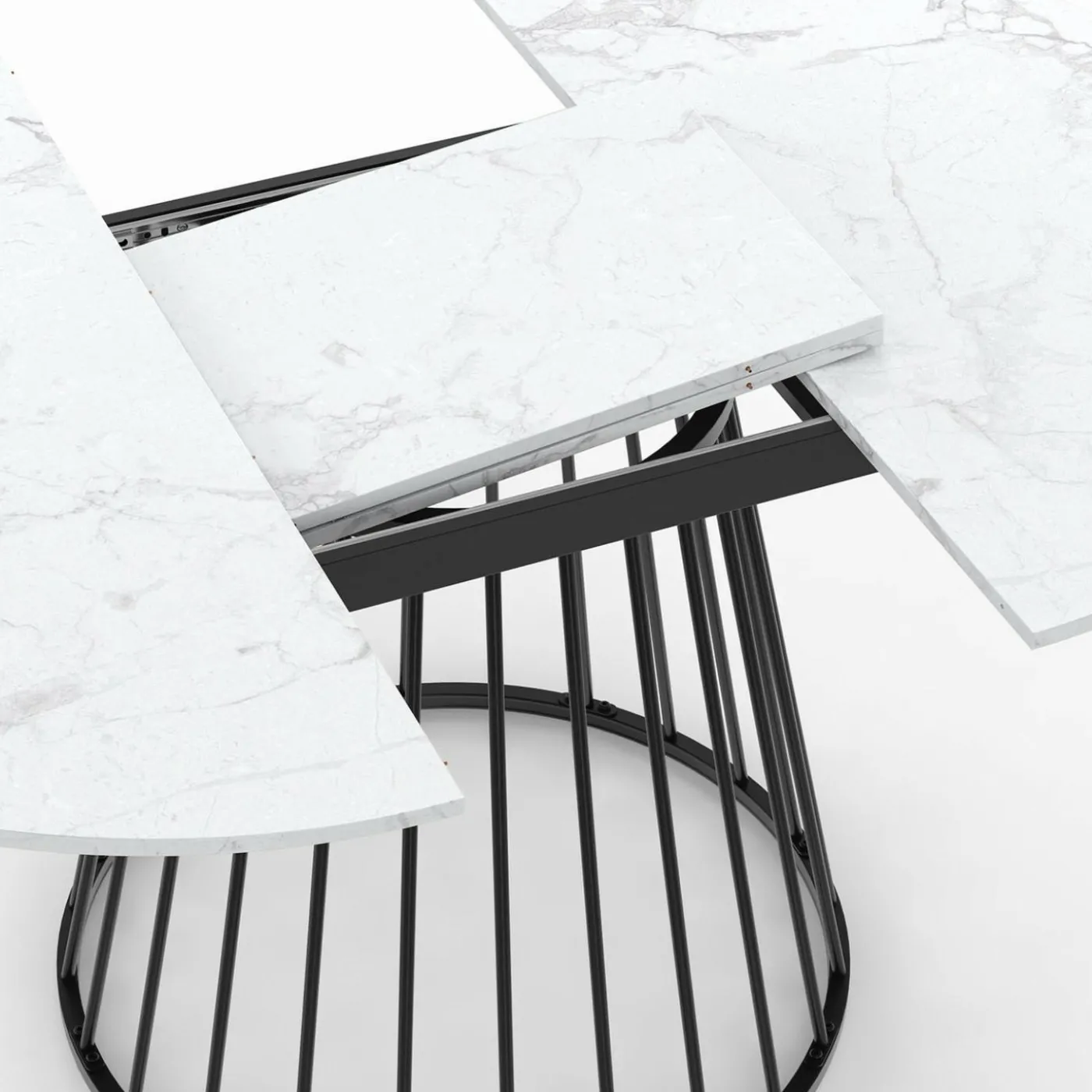 Table à manger ronde extensible 110-150 cm 4-8 personnes plateau effet marbre blanc et pied filaire métal noir