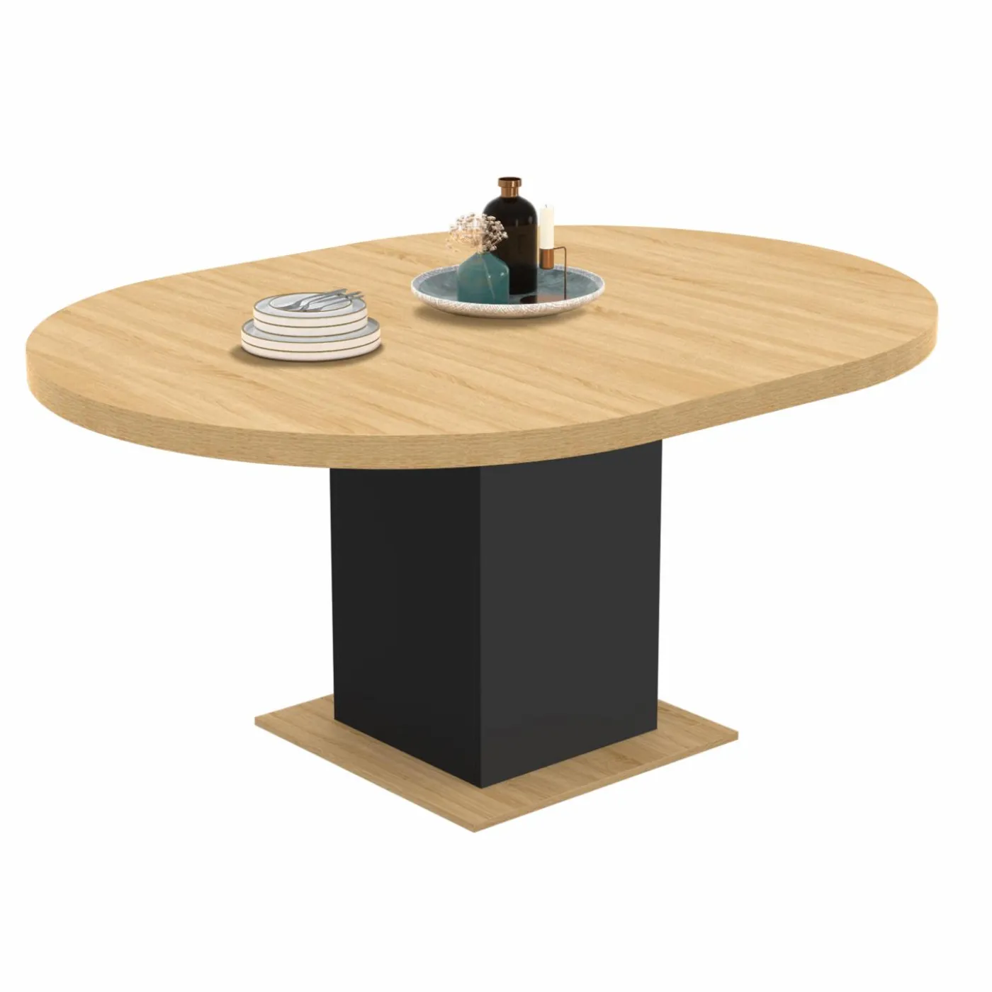 Table à manger ronde extensible 4-8 personnes noir et bois