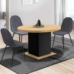 Table à manger ronde extensible 4-8 personnes noir et bois