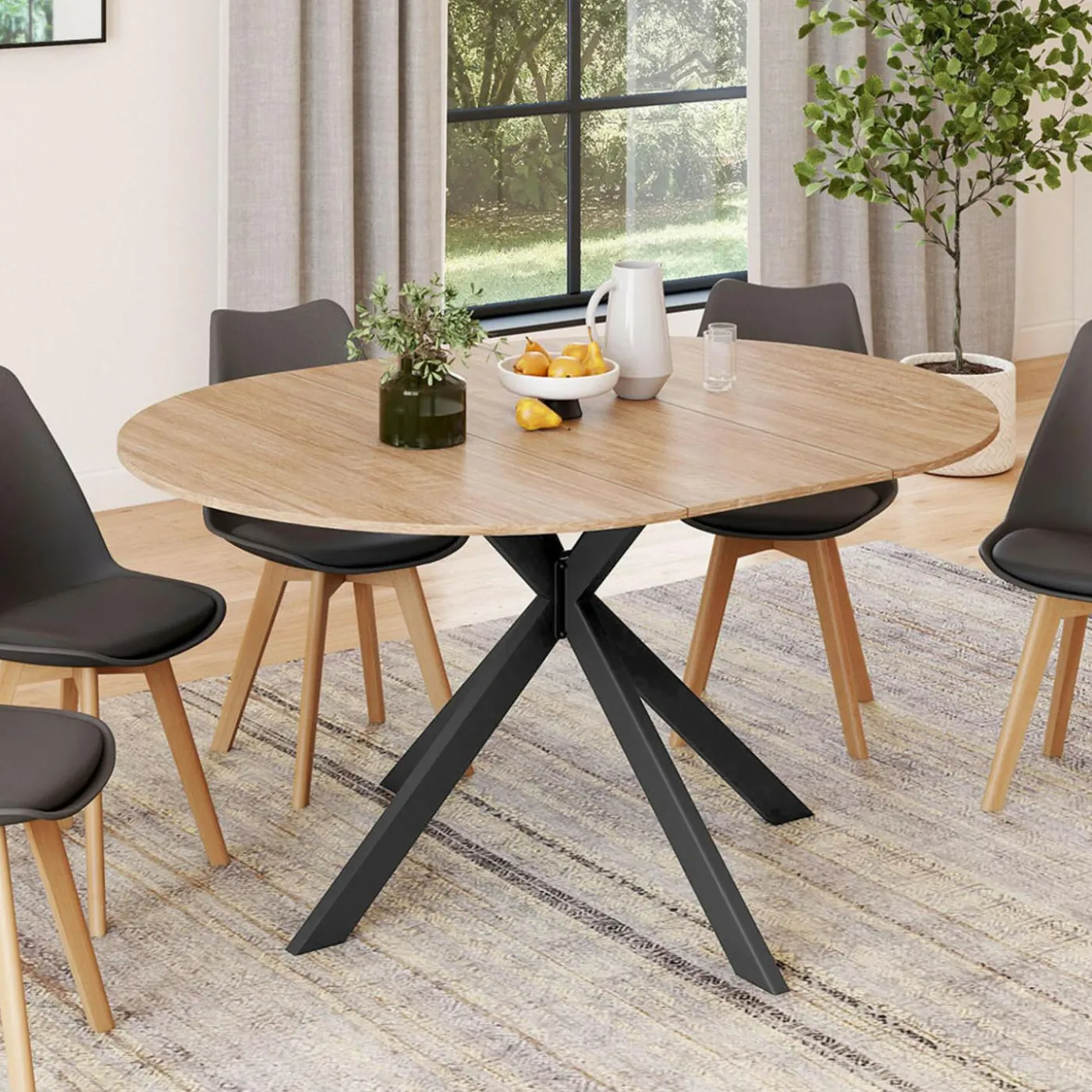 Table à manger ronde extensible noir et bois pour 6-8 personnes