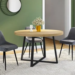 Table à manger ronde extensible 110-200 cm 4-10 personnes en bois et pieds noirs