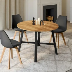 Table à manger ronde extensible bois et métal noir