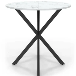 Table à manger ronde plateau effet marbre blanc pied araignée noir 4 personnes