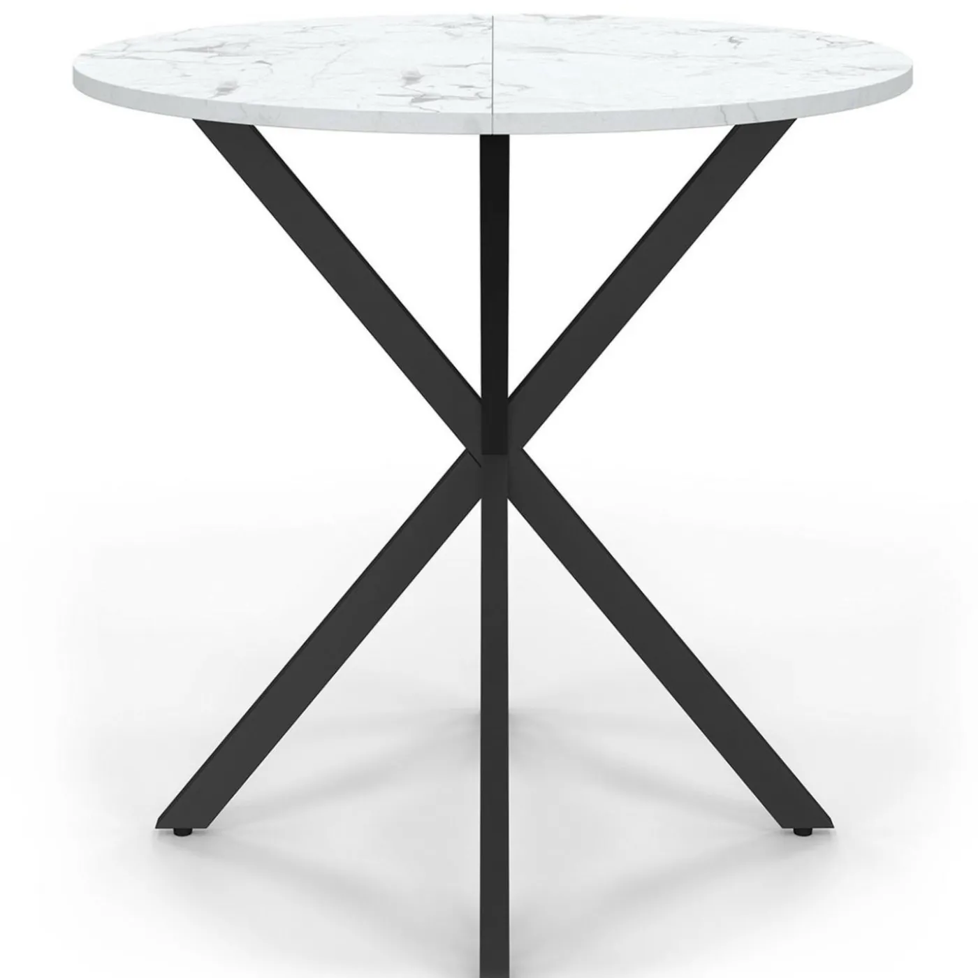 Table à manger ronde plateau effet marbre blanc pied araignée noir 4 personnes