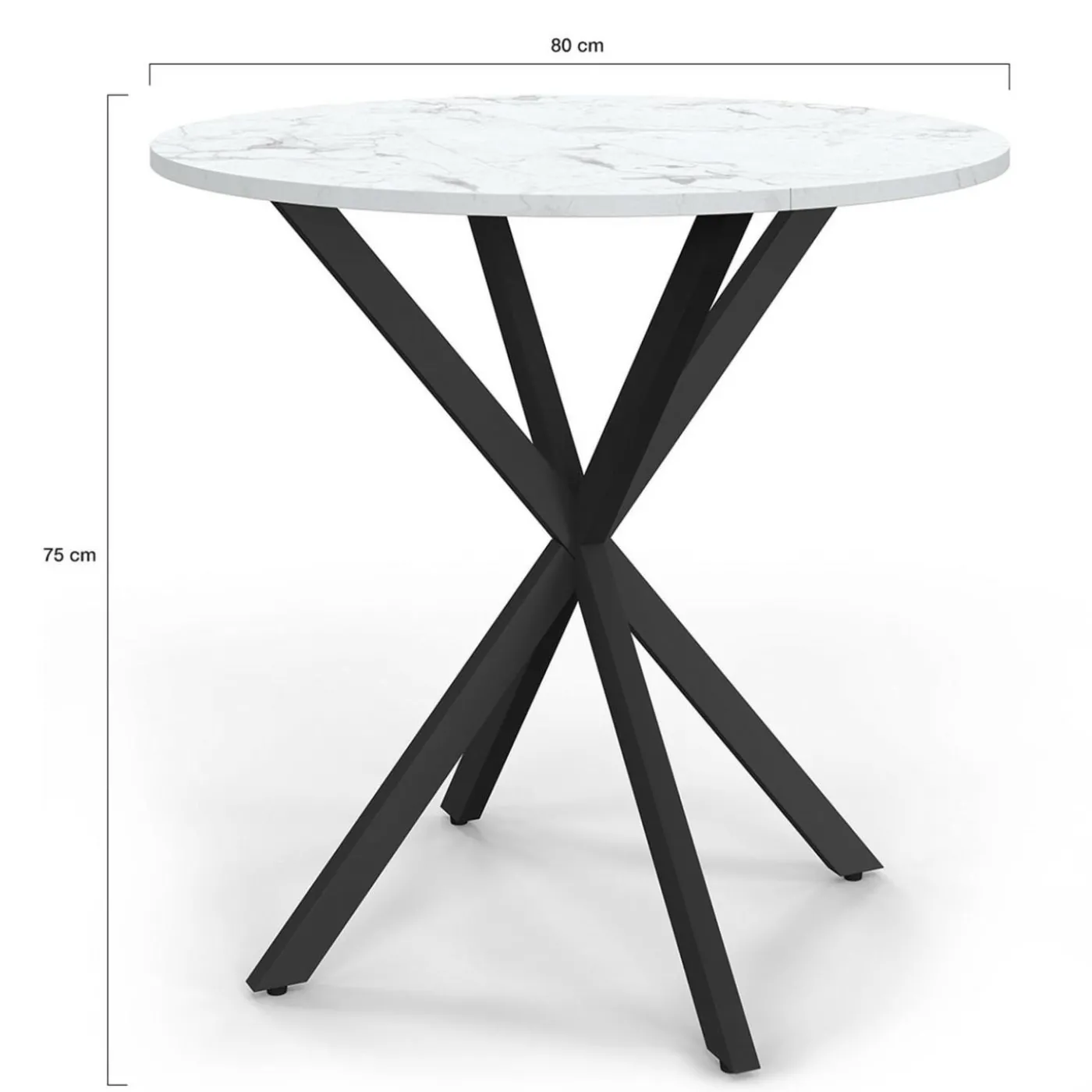 Table à manger ronde plateau effet marbre blanc pied araignée noir 4 personnes