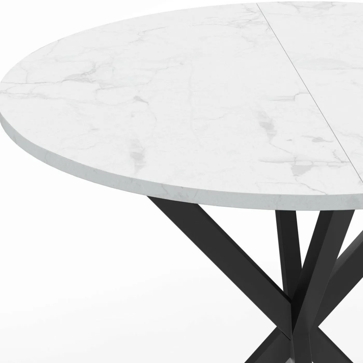 Table à manger ronde plateau effet marbre blanc pied araignée noir 4 personnes