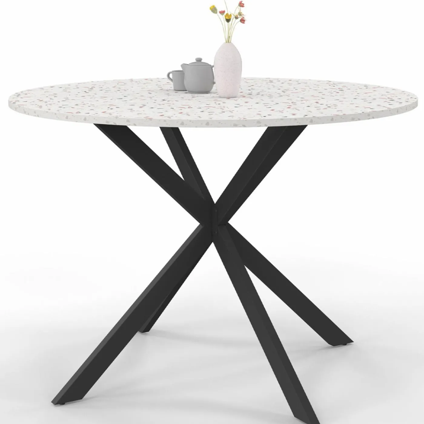 Table à manger ronde plateau effet terrazzo et noir 110 cm
