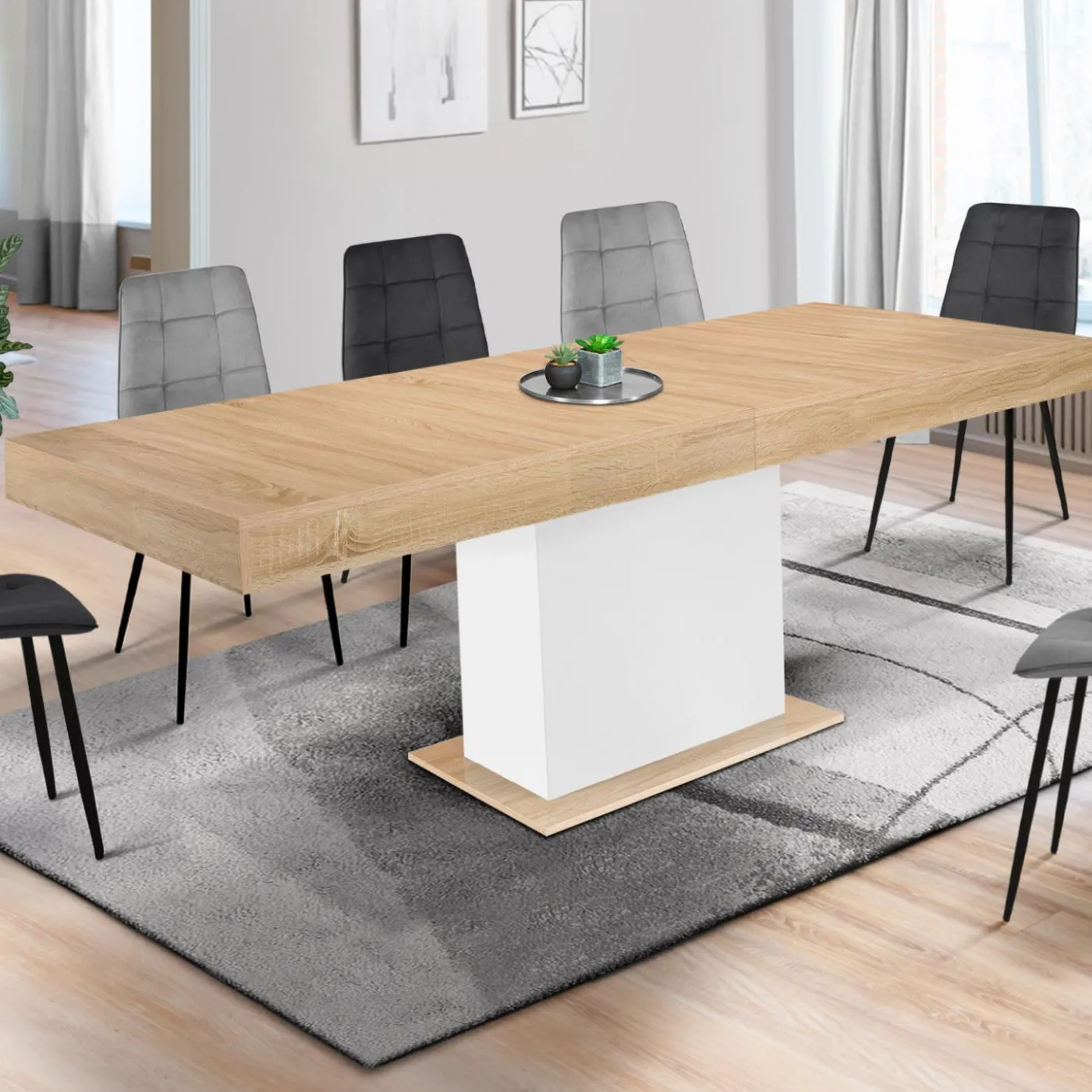 Table avec pied central bois et blanc extensible