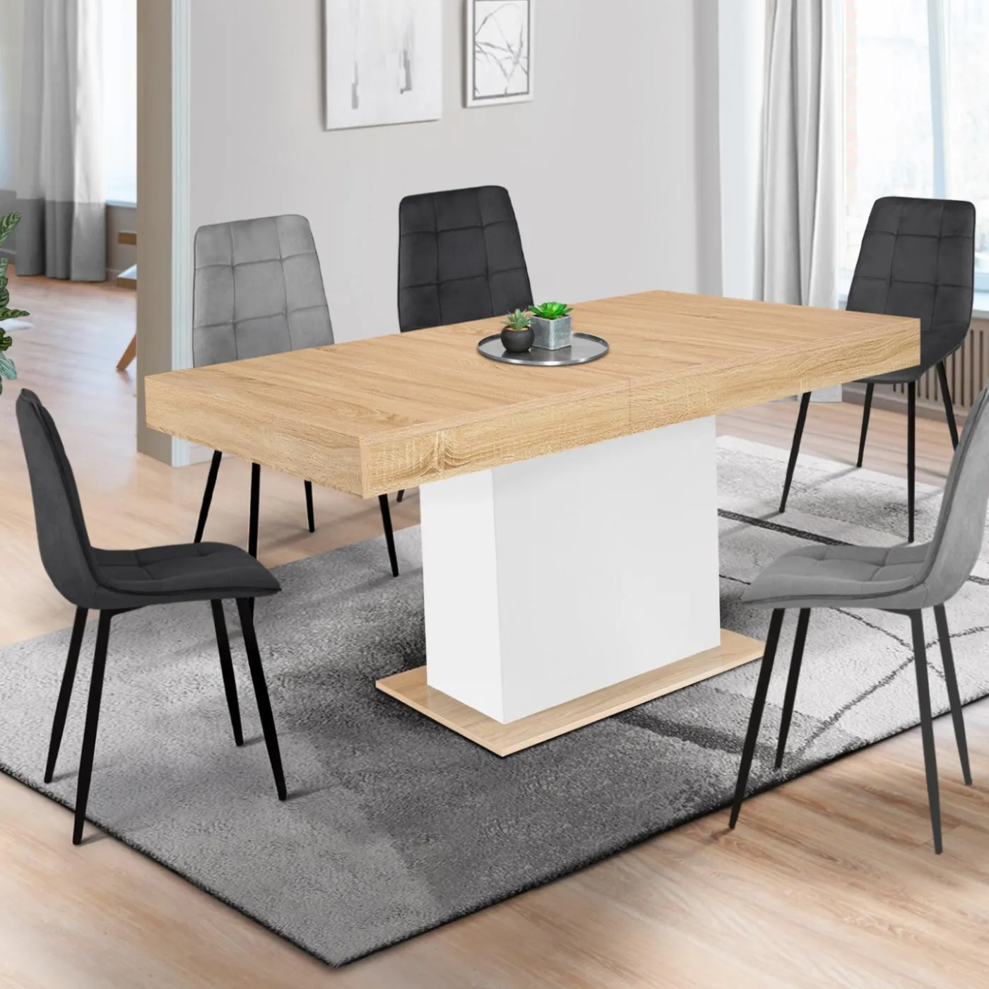 Table avec pied central bois et blanc extensible