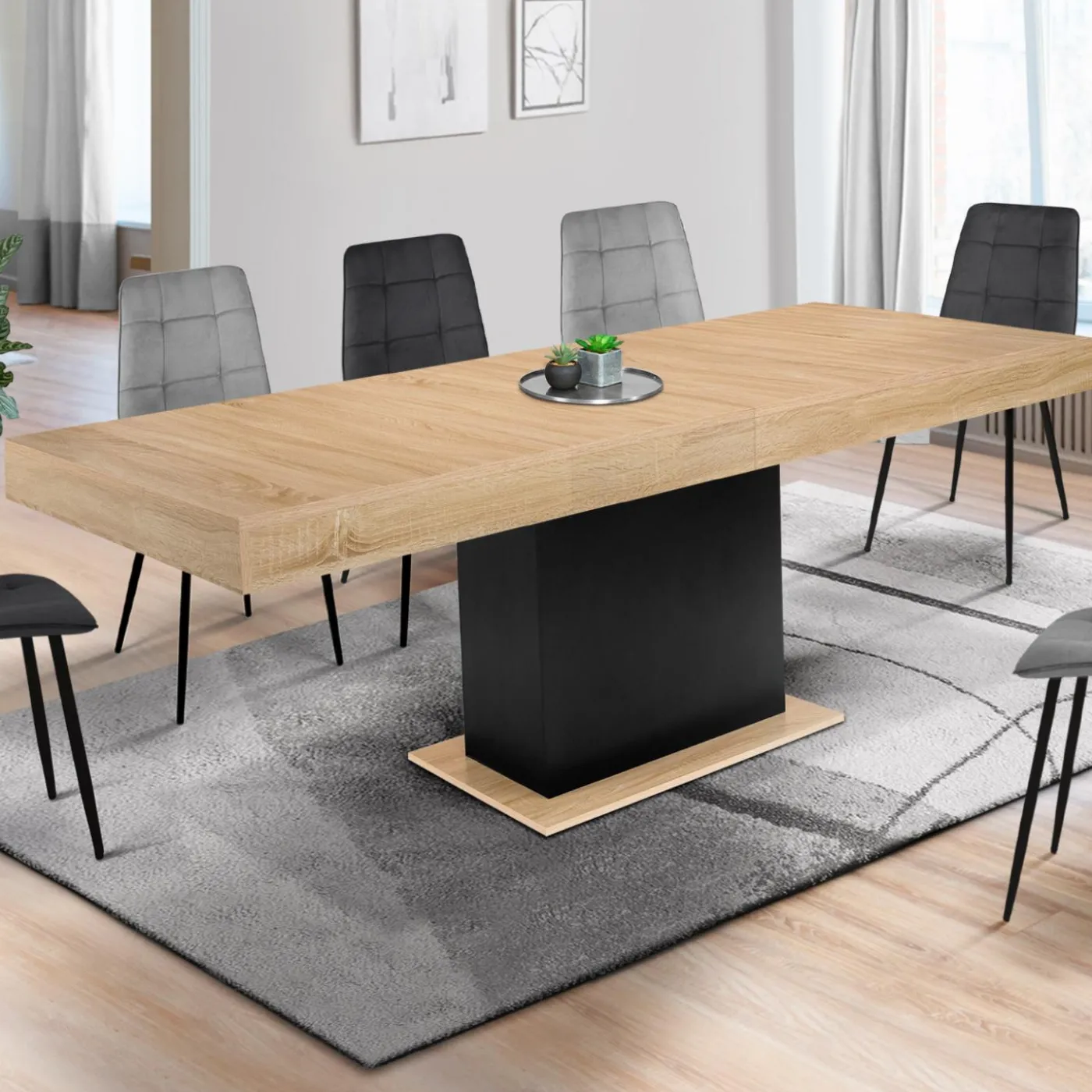 Table avec pied central bois et noir extensible